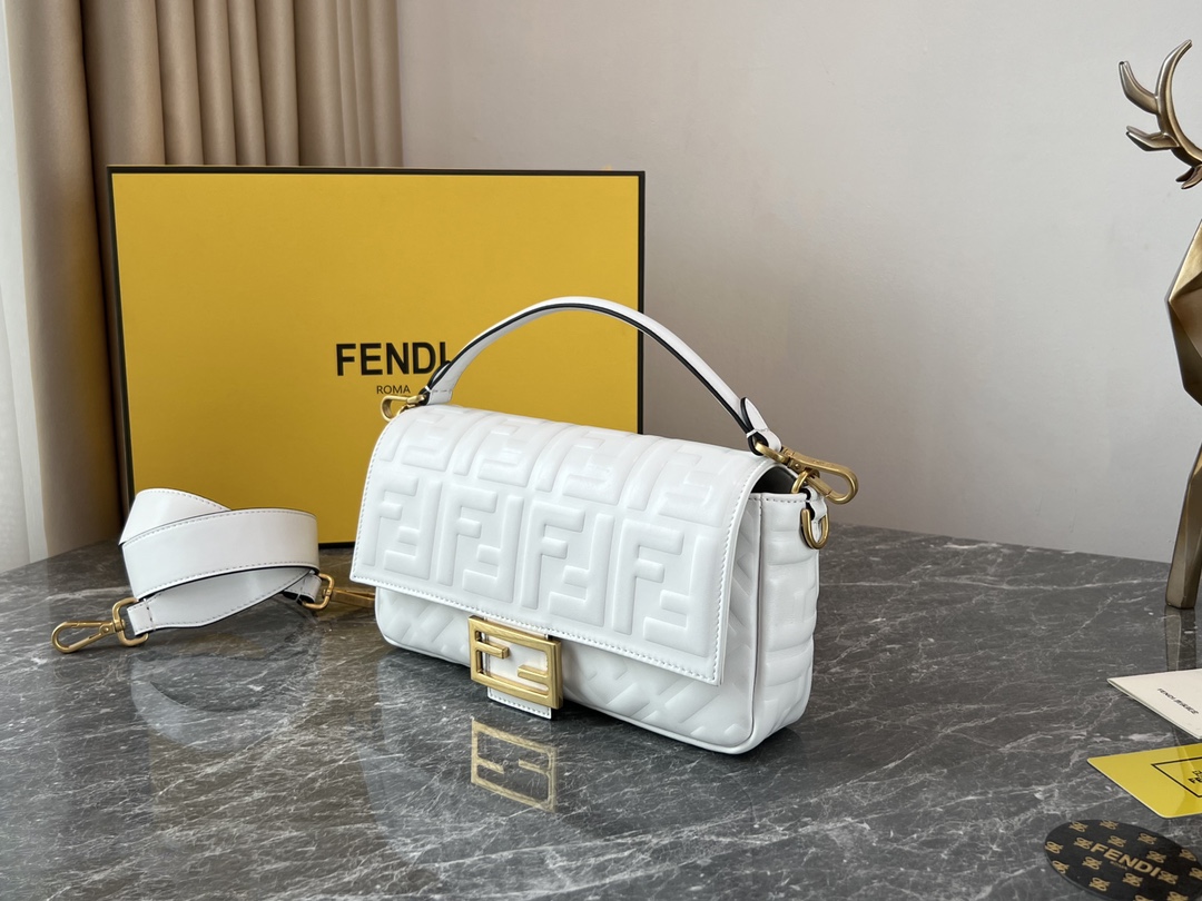 Fendi Medium Baguette Nappa Leather with FF Motif Shoulder Bag White